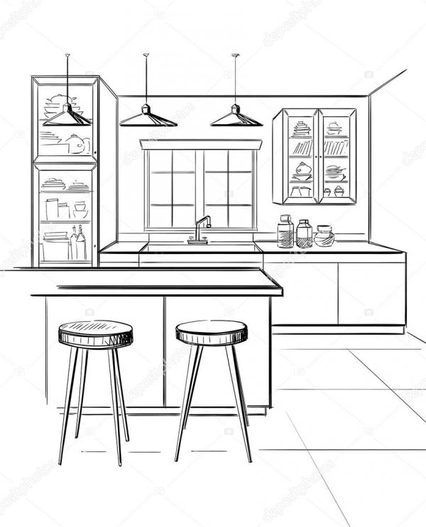 Interior sketch of modern kitchen with island.